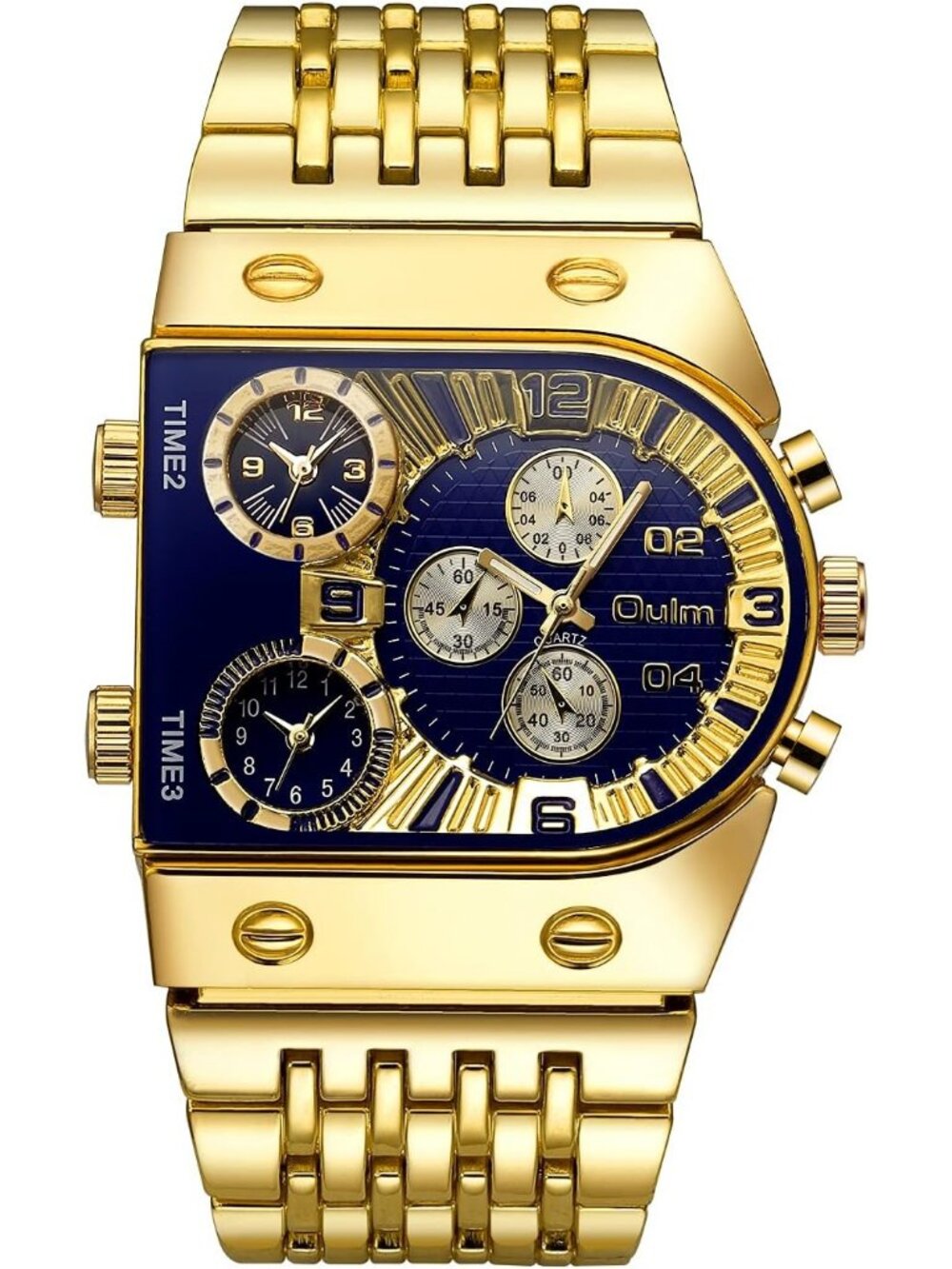 Men's Gold Blue Luxury Rectangle Square Luminous Waterproof Quartz Wrist Watch